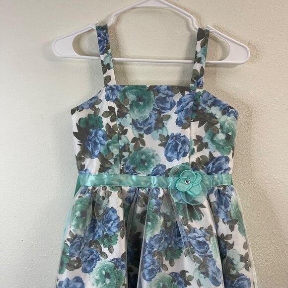 Girls Floral Sleeveless High-Low Dress With Tulle Overlay & Flower Accent 14 - Picture 3 of 14